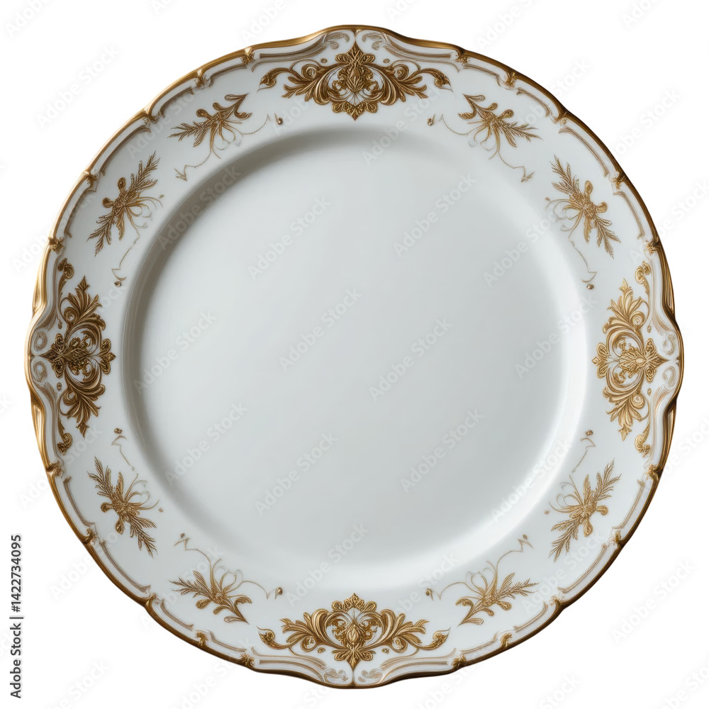 luxurious porcelain dinner plate with intricate gold detailing and round shape, perfect for elegant dining experiences