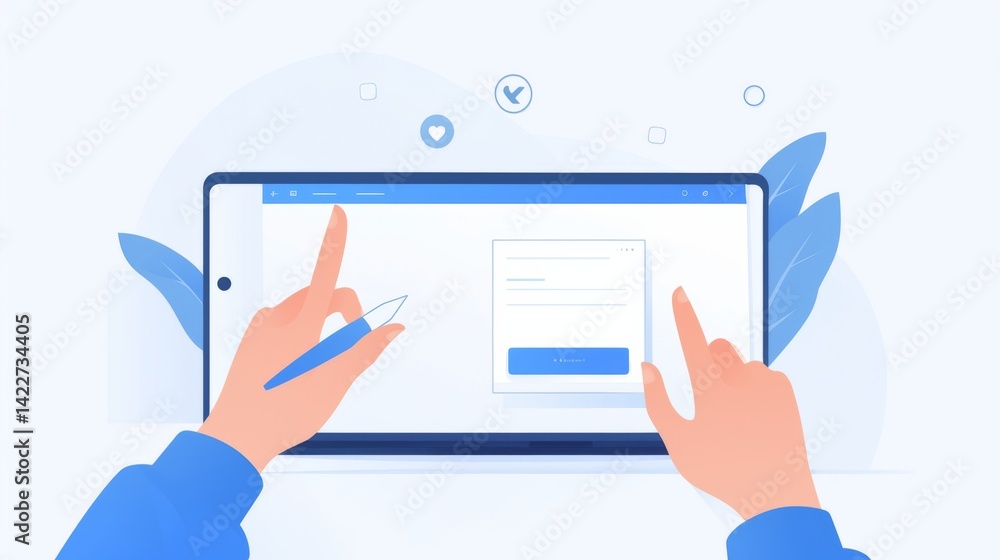 tablet screen showing document with fingers making touch gestures