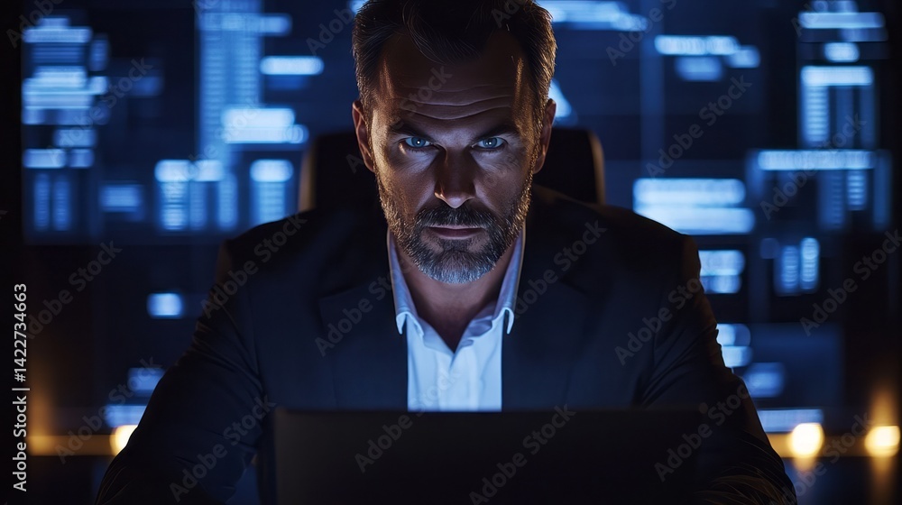 Intense professional man working at a laptop in dark room Intense professional man working at a laptop in dark room