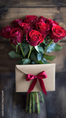 A bouquet of red roses is placed in front of an envelope. The roses are arranged in a way that they are almost touching the envelope, creating a romantic and intimate atmosphere