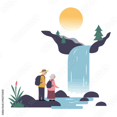 Elderly couple near waterfall - silver-haired pair admiring mighty waterfall while holding hands amid spray and rainbow, atmosphere of romance and enduring love against nature's grandeur
