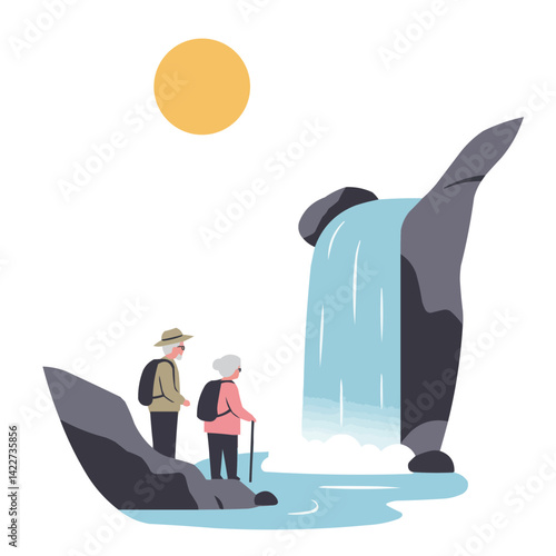 Elderly couple near waterfall - silver-haired pair admiring mighty waterfall while holding hands amid spray and rainbow, atmosphere of romance and enduring love against nature's grandeur