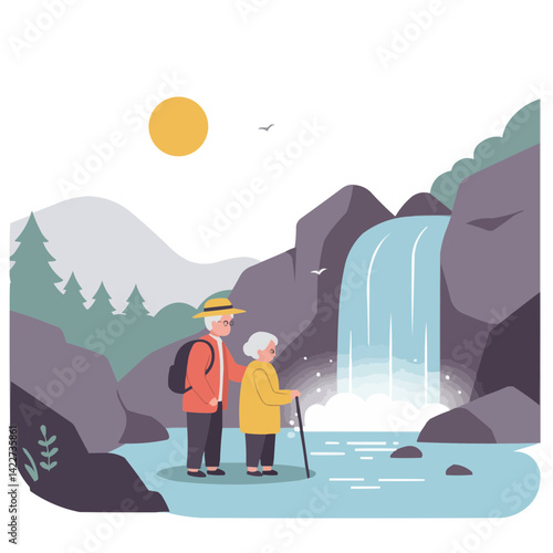 Elderly couple near waterfall - silver-haired pair admiring mighty waterfall while holding hands amid spray and rainbow, atmosphere of romance and enduring love against nature's grandeur