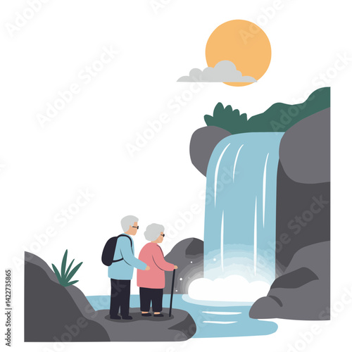 Elderly couple near waterfall - silver-haired pair admiring mighty waterfall while holding hands amid spray and rainbow, atmosphere of romance and enduring love against nature's grandeur