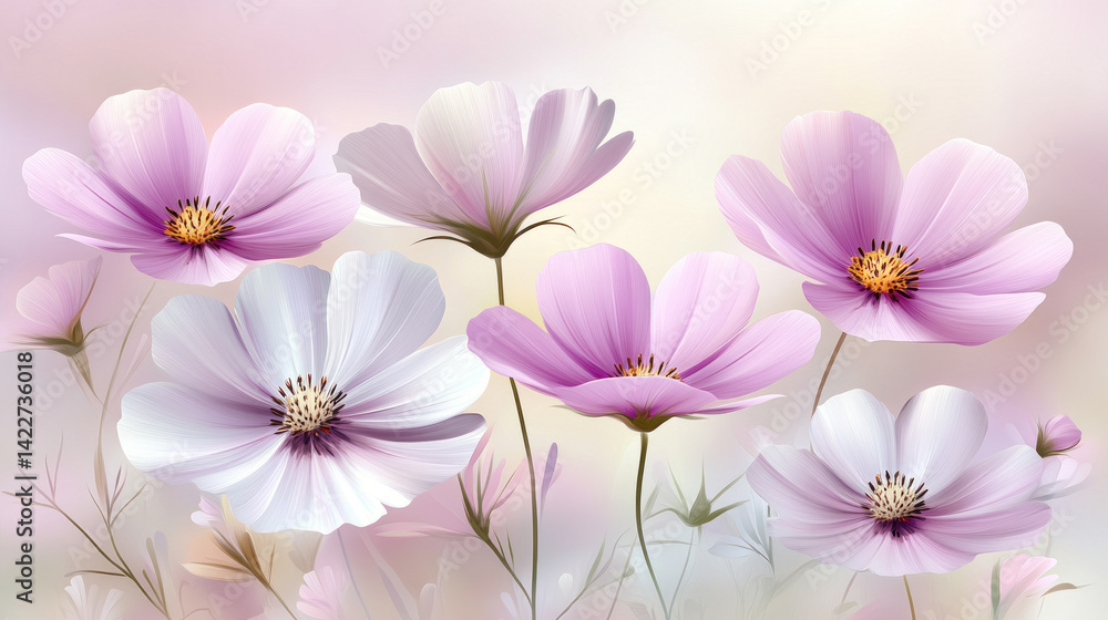 Obraz premium A painting of a bunch of flowers with a pink and white background. The flowers are arranged in a way that they look like they are in a field. The painting has a serene and peaceful mood