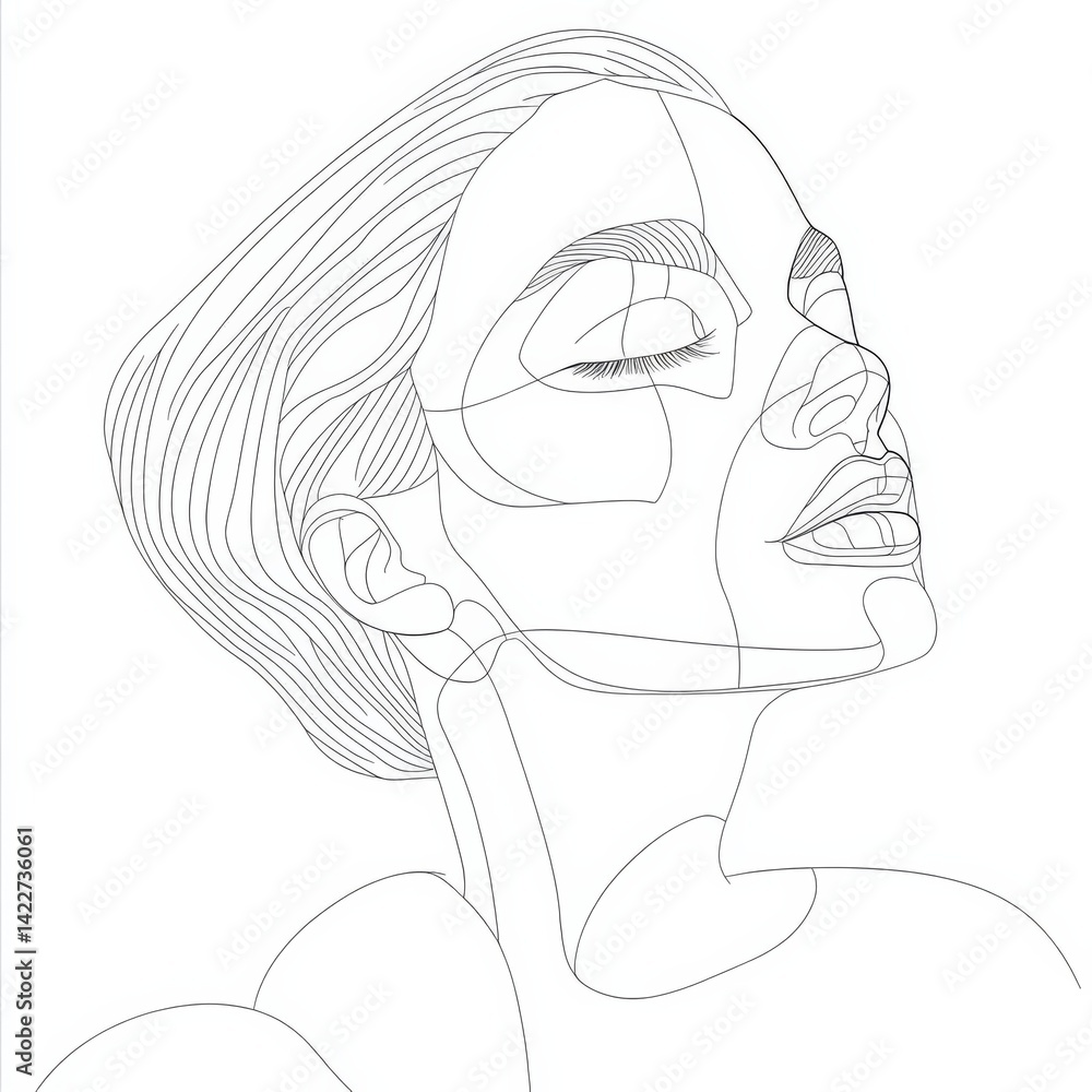 Woman head vector lineart illustration. One Line style drawing
