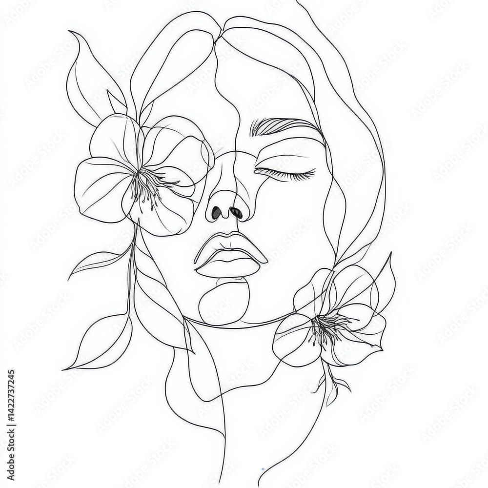 Elegant continuous one line drawing of a woman’s face with floral and botanical elements
