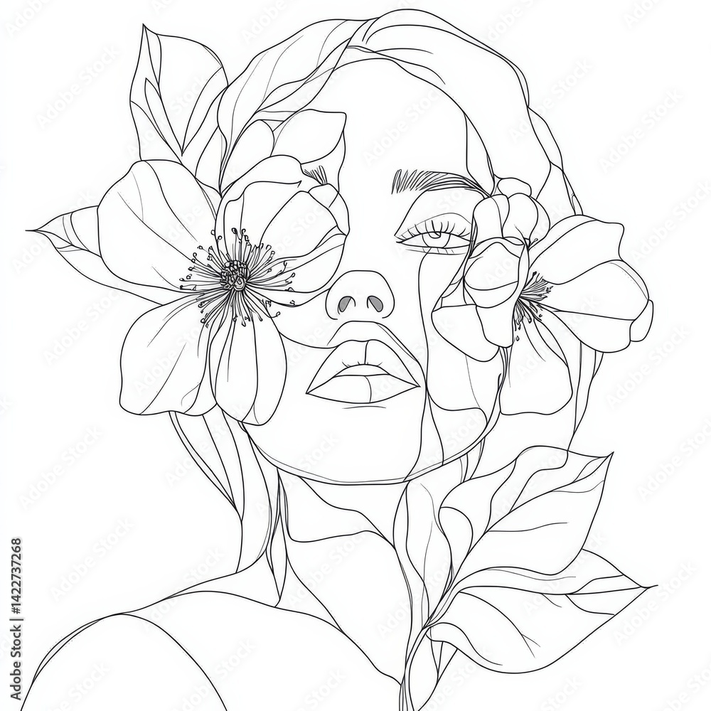 Elegant continuous one line drawing of a woman’s face with floral and botanical elements