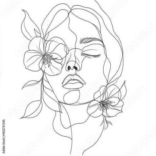 Obraz na płótnie Elegant continuous one line drawing of a woman’s face with floral and botanical elements w salonie