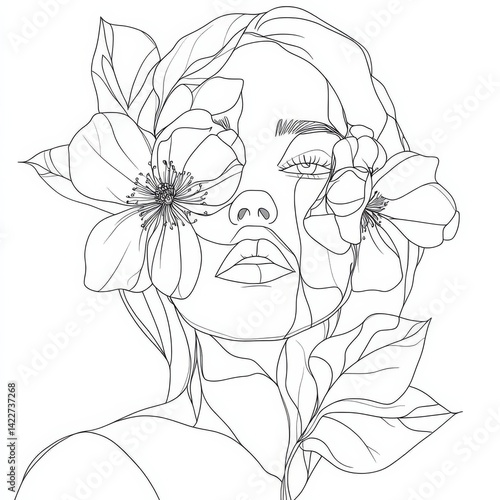 Obraz na płótnie Elegant continuous one line drawing of a woman’s face with floral and botanical elements w salonie