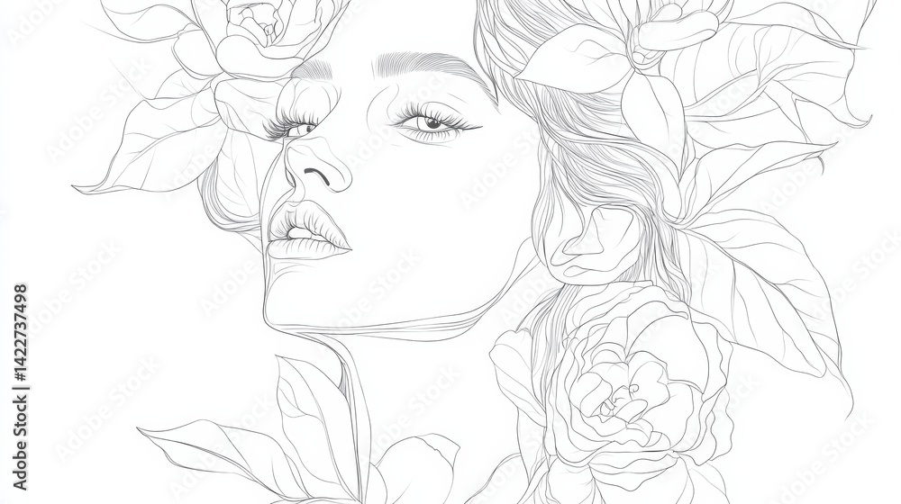 Elegant continuous one line drawing of a woman’s face with floral and botanical elements