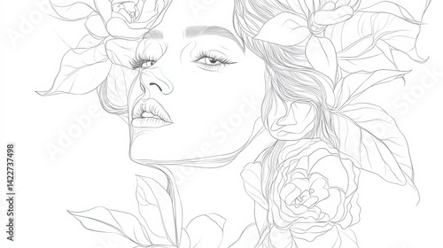 Obraz na płótnie Elegant continuous one line drawing of a woman’s face with floral and botanical elements w salonie