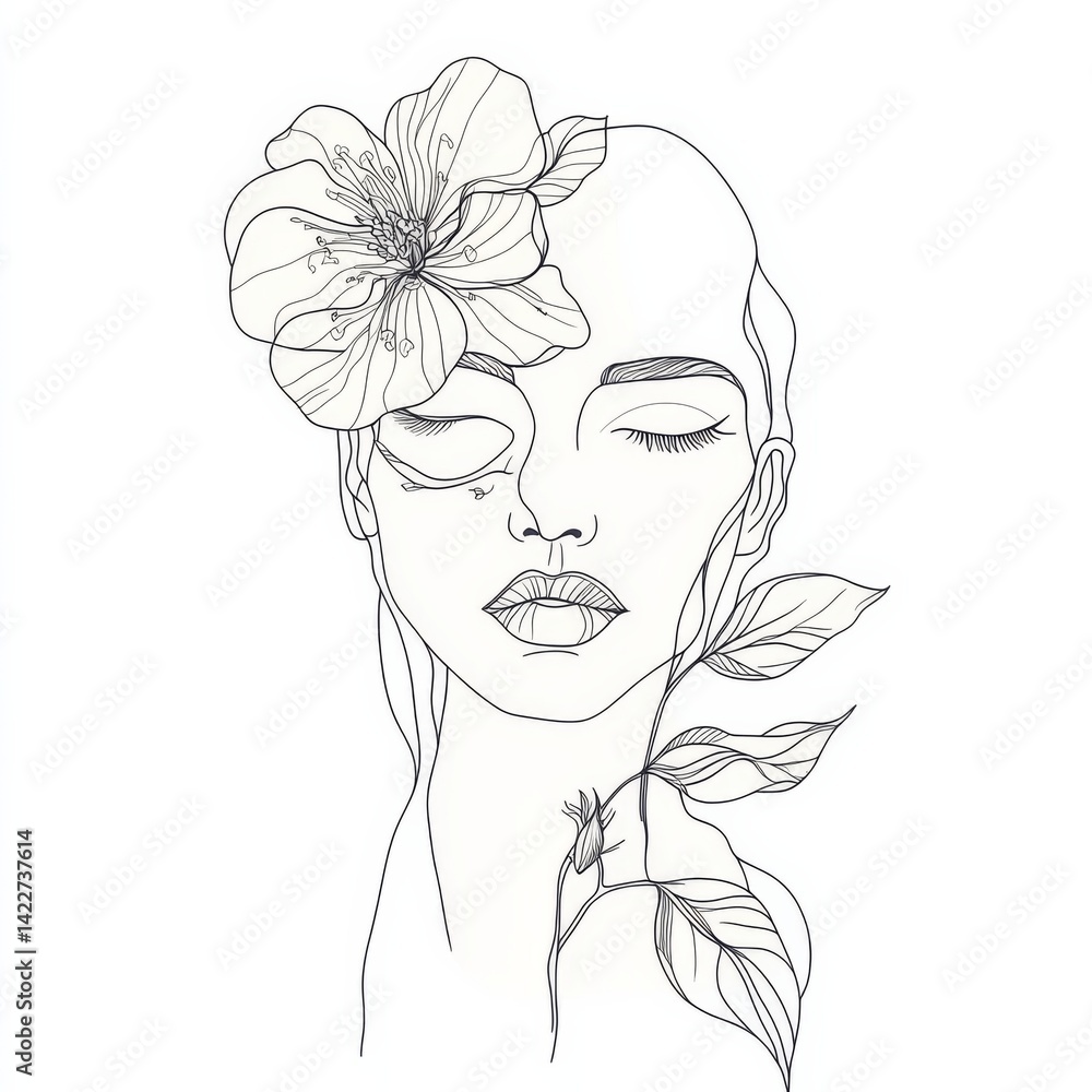 Elegant continuous one line drawing of a woman’s face with floral and botanical elements