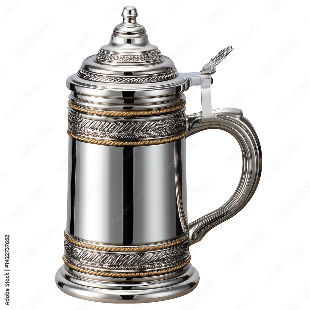 High end pewter beer stein with embossed design and ornate handle, perfect for collectors and enthusiasts