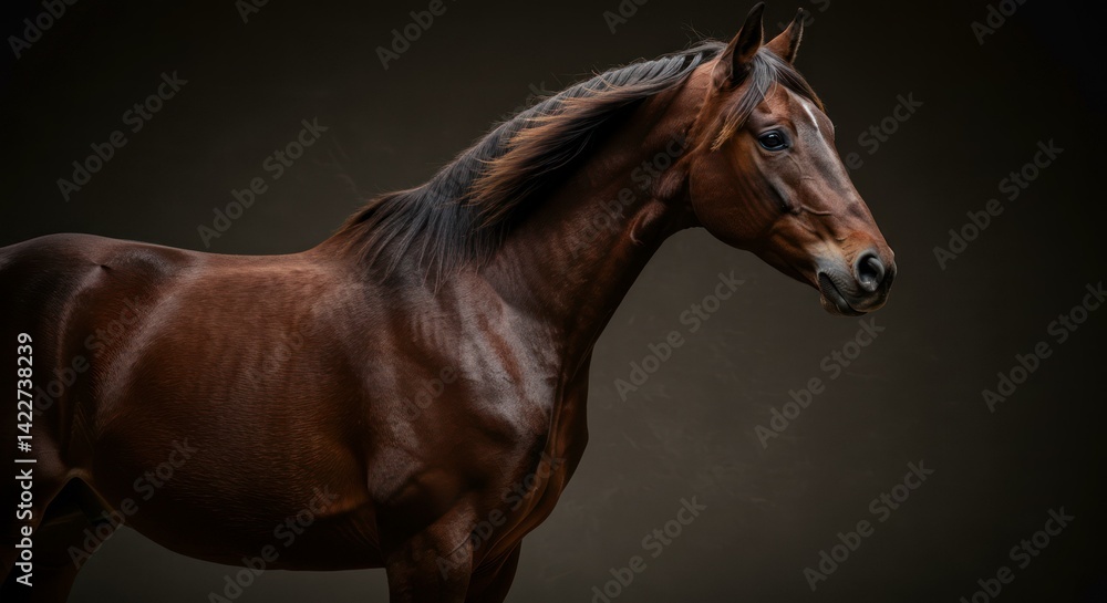 Fototapeta premium A majestic brown horse portrait on a dark background, exuding elegance.