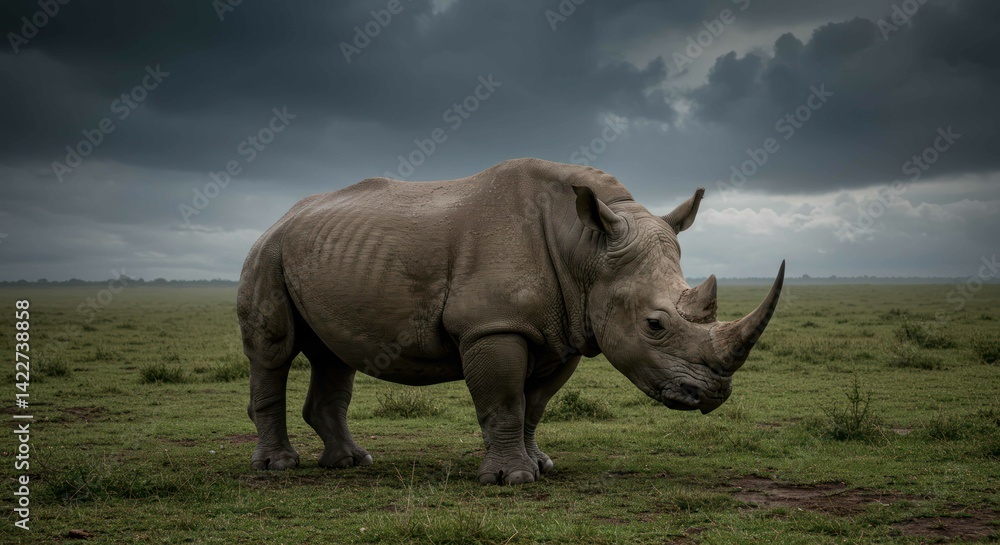 Obraz premium A powerful rhino stands in a grassy field under a dramatic, cloudy sky.