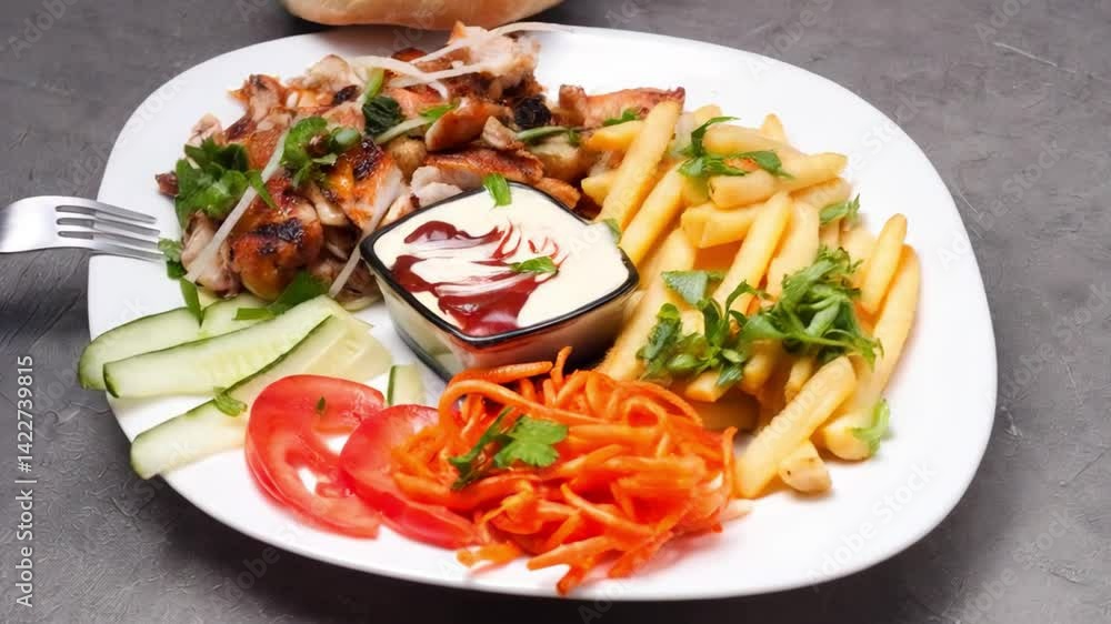 Grilled chicken plate with fries and salad
Grilled chicken plate with fries and salad