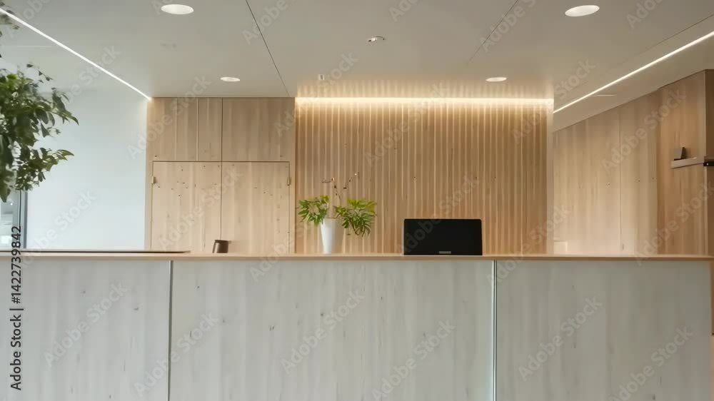 Wide-angle video of a modern, minimalist reception area with light wood paneling and a sleek, uncluttered desk featuring a small plant and speaker.