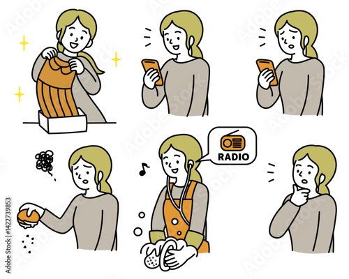 お金とスマホを使う主婦のベクターイラストセット