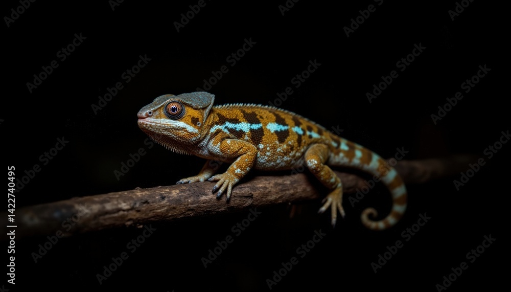 Obraz premium Close-up of a colorful lizard with detailed scales and vibrant markings resting on a thin branch against a dark background, showcasing its textured skin and natural environment