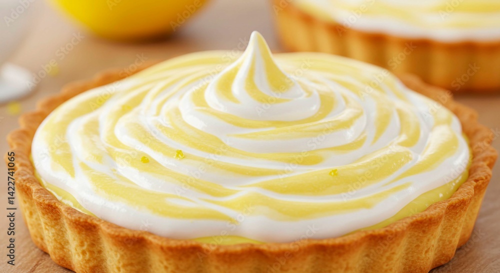 Close up of a lemon meringue tart with a swirl of meringue and a lemon in the background on a table Close up of a lemon meringue tart with a swirl of meringue and a lemon in the background on a table