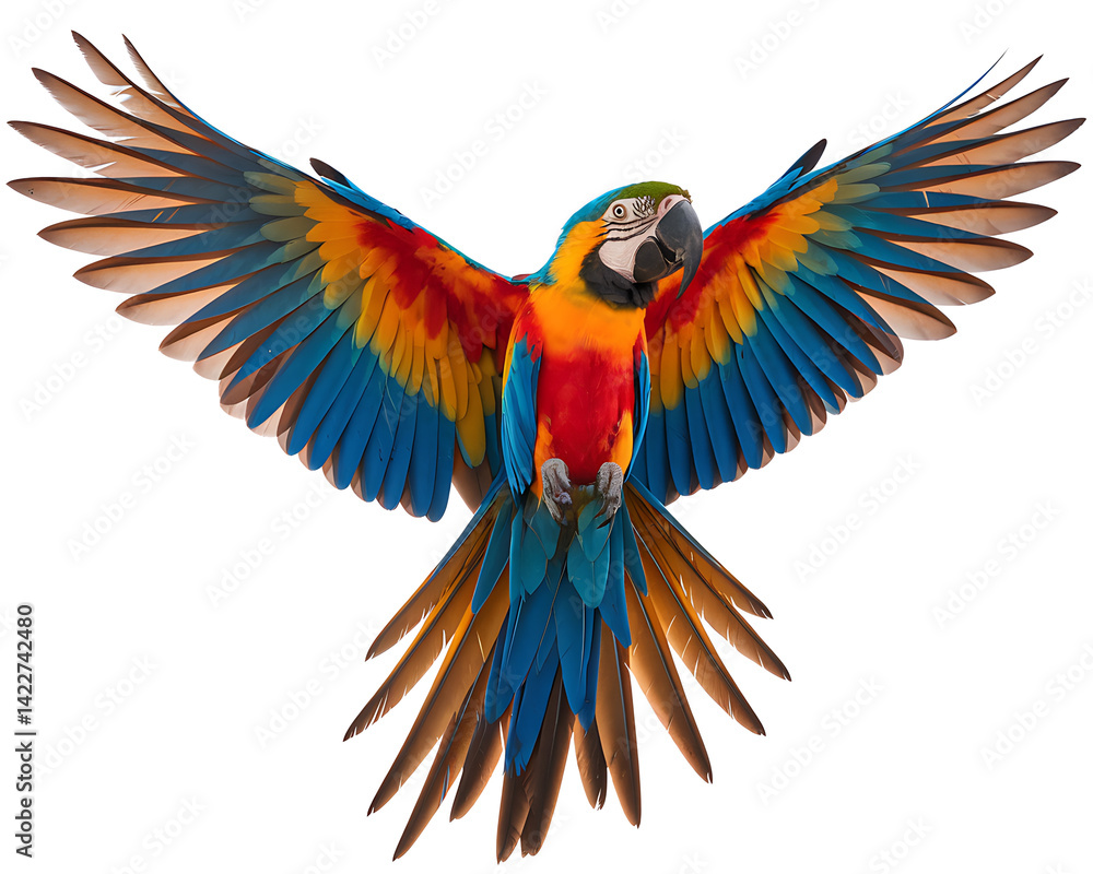 Fototapeta premium Colorful parrot mid-flight wings fully extended showcasing vibrant blue yellow and red plumage against a clean white background.