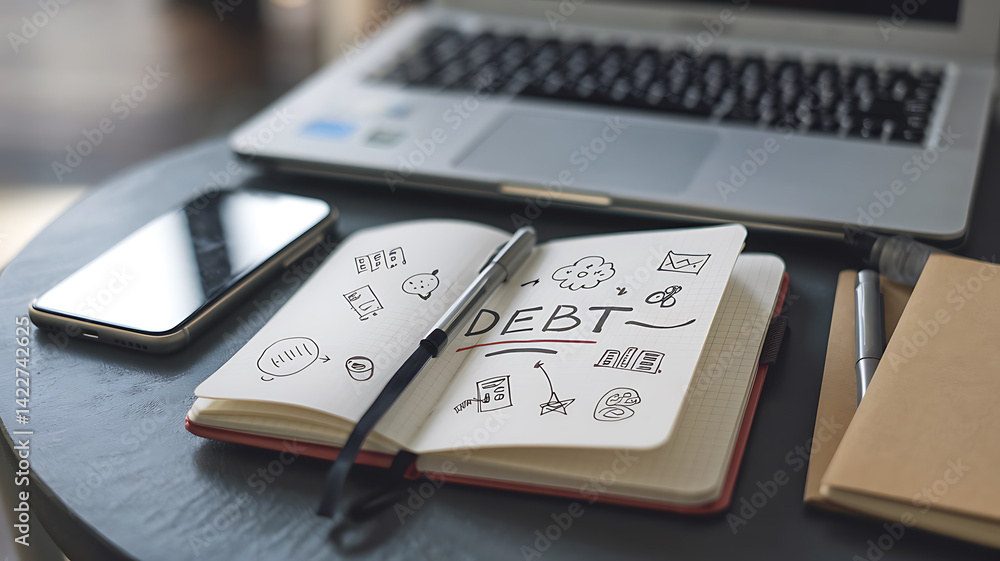 Obraz premium Laptop phone and notebook displaying DEBT with doodles on a round table suggesting financial planning.