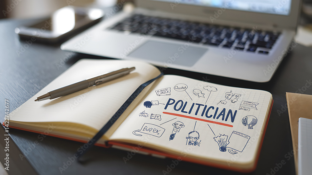 Open notebook displaying the word POLITICIAN with related doodles a pen laptop and smartphone on a desk.