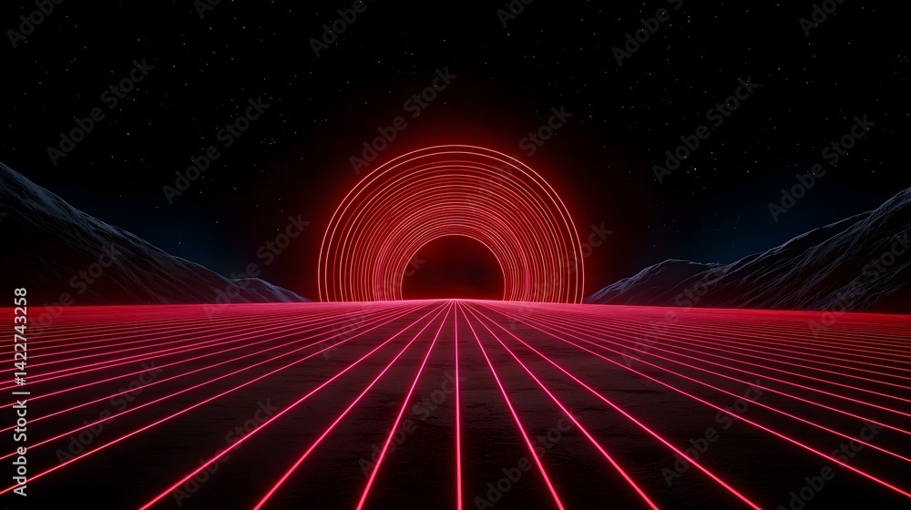 A dark, starlit landscape features a glowing red neon ring in the distance, with converging lines emanating from the viewer's perspective toward the ring, creating a futuristic, 80s-inspired scene. A dark, starlit landscape features a glowing red neon ring in the distance, with converging lines emanating from the viewer's perspective toward the ring, creating a futuristic, 80s-inspired scene.
