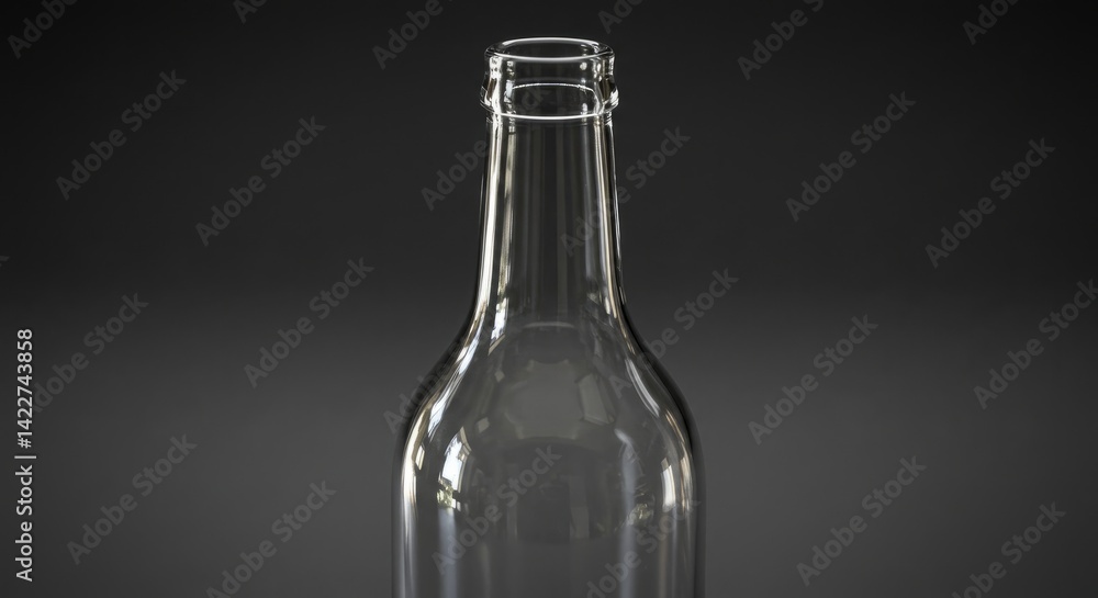 Close Up Of Empty Clear Glass Bottle Against Dark Background with Reflective Surface Close Up Of Empty Clear Glass Bottle Against Dark Background with Reflective Surface