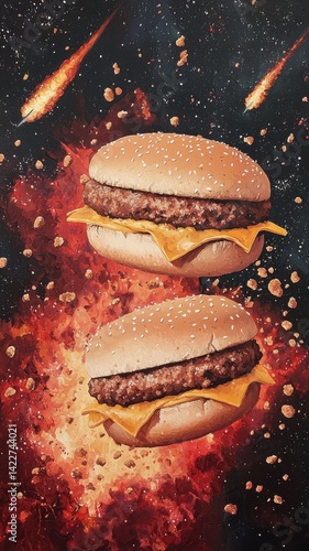 Cosmic burger explosion outer space food art galactic environment surreal viewpoint fast food concept