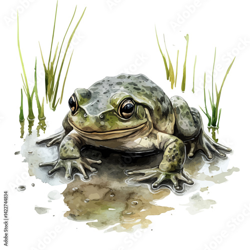 illustration of Early Amphibian Evolving In A Swamp, watercolor vector, isolated on a white background.