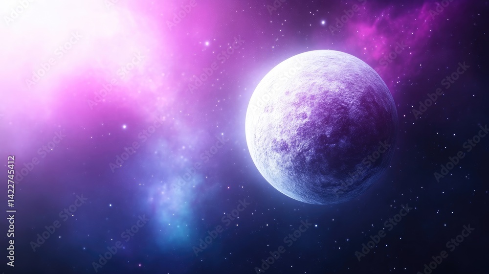 Obraz premium Celestial Body Nebulae and Stars Dreamlike Sci-Fi High-resolution Wide shot, Cratered surface Orbiting cosmic body, Purple nebula backdrop Vivid cosmic tones Sci-fi fantasy art