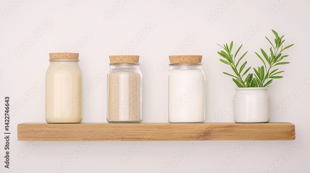 A minimalist kitchen shelf displays three jars with cork lids filled with various ingredients and a small potted plant, enhancing a clean and organized aesthetic. A minimalist kitchen shelf displays three jars with cork lids filled with various ingredients and a small potted plant, enhancing a clean and organized aesthetic.
