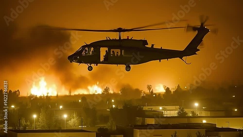 Helicopter airborne at night facing wildfire crisis emergency landscape
