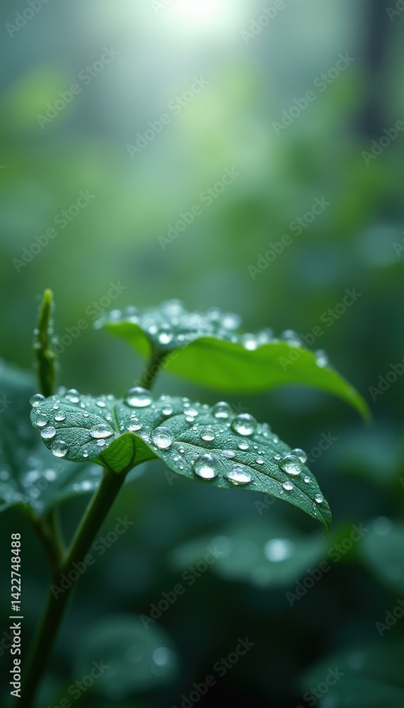 Fresh Green Leaves Adorned with Sparkling Water Droplets in a Lush, Tranquil Forest Setting Fresh Green Leaves Adorned with Sparkling Water Droplets in a Lush, Tranquil Forest Setting