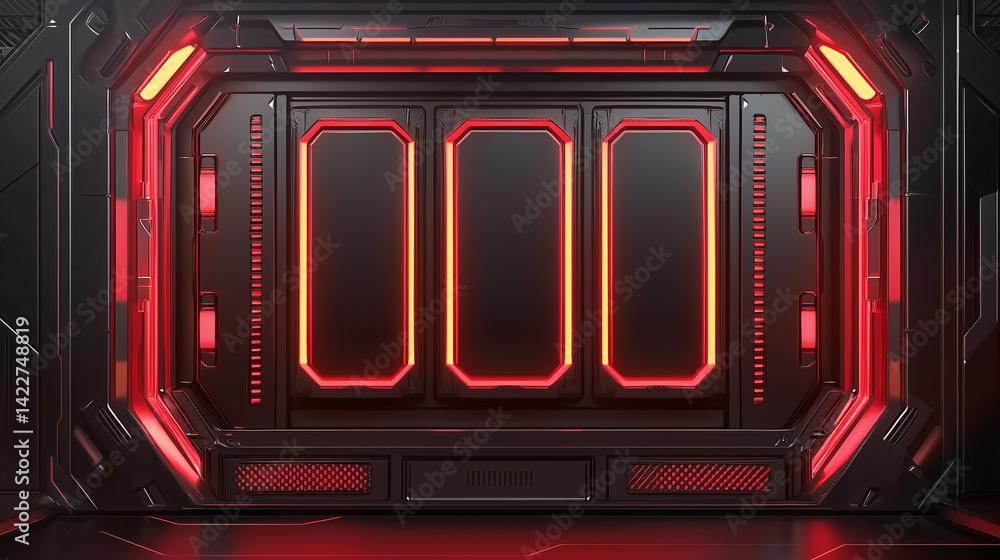 Obraz premium Dark sci fi corridor with futuristic metal doorway, illuminated by glowing red neon lights and high tech panel details