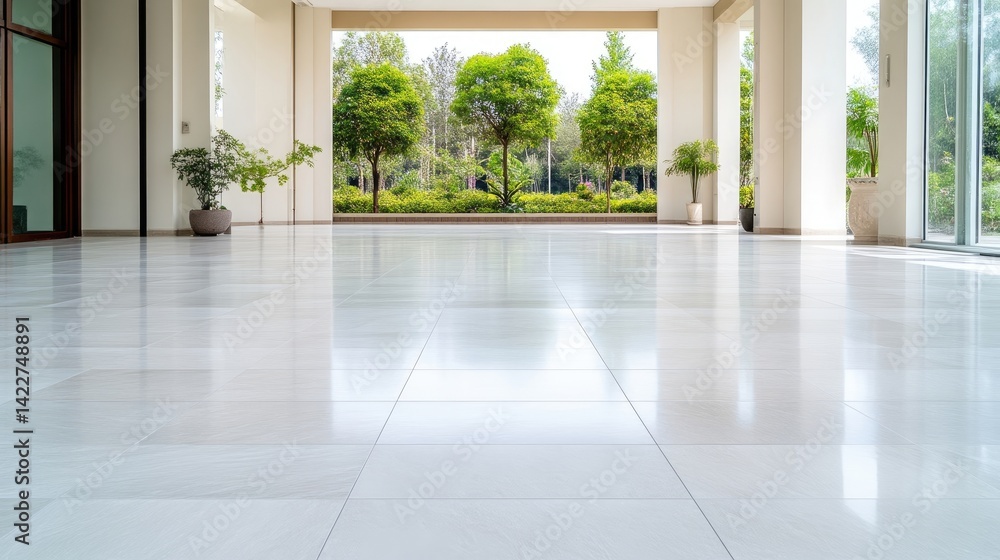Spacious, modern hallway with polished tile floor and garden view Spacious, modern hallway with polished tile floor and garden view