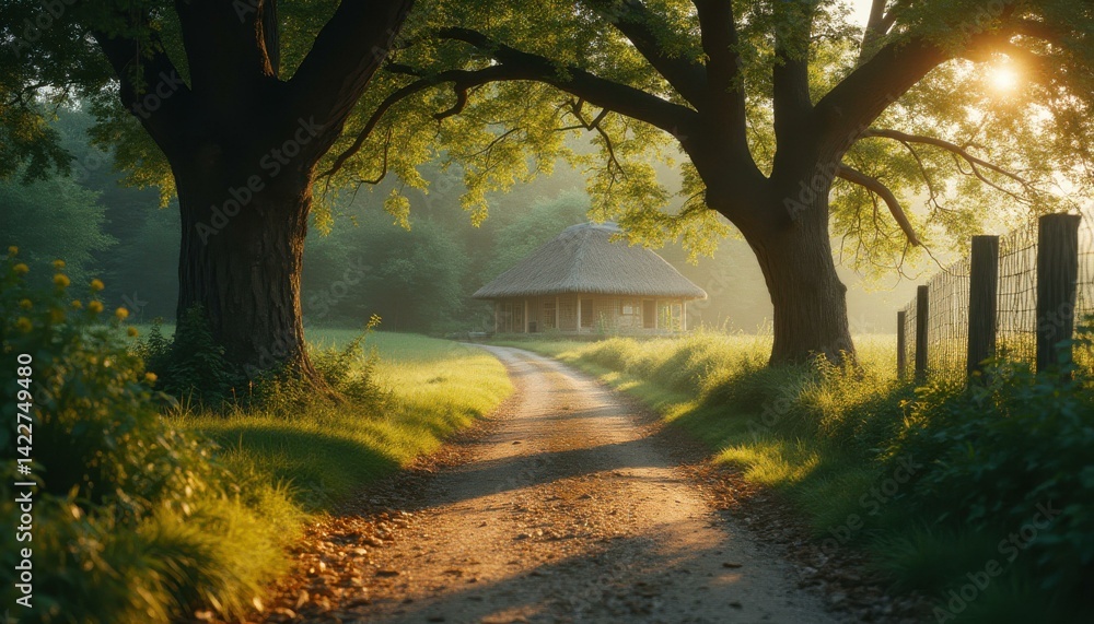 Naklejka premium Enchanting Thatched Cottage Beckons Down a Sun-Kissed Dirt Path, Framed by Ancient Trees in Early Morning Light