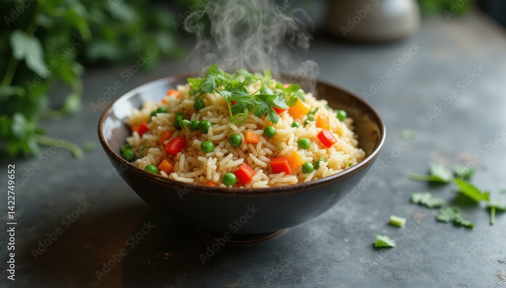 Steaming Bowl of Rice with Vegetables and Herbs, Culinary Dish Presentation Steaming Bowl of Rice with Vegetables and Herbs, Culinary Dish Presentation