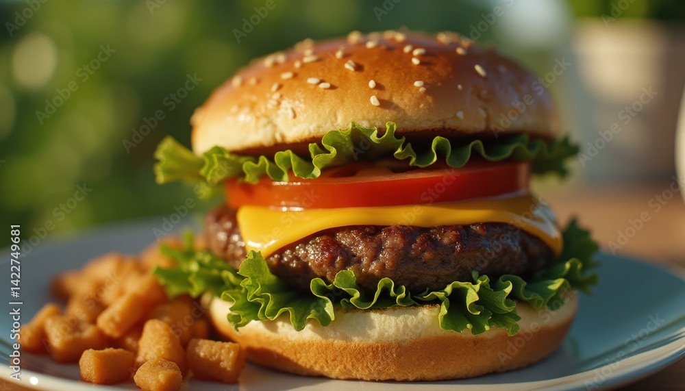 Juicy hamburger with cheese, tomato, and lettuce on a sesame bun served with golden nugget potatoes on plate, delicious meal Juicy hamburger with cheese, tomato, and lettuce on a sesame bun served with golden nugget potatoes on plate, delicious meal