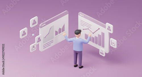 Isometric 3D Illustration: Man Analyzing Data on Interactive Web Interfaces