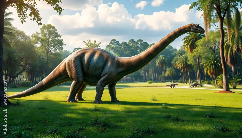 Fototapeta premium A majestic brachiosaurus peacefully grazing in a lush green park, zoology, jurassic