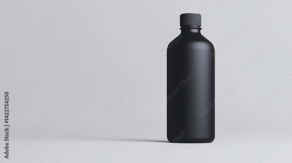 A sleek, black bottle with a textured cap, set against a minimalist background, emphasizing simplicity and modern design. A sleek, black bottle with a textured cap, set against a minimalist background, emphasizing simplicity and modern design.