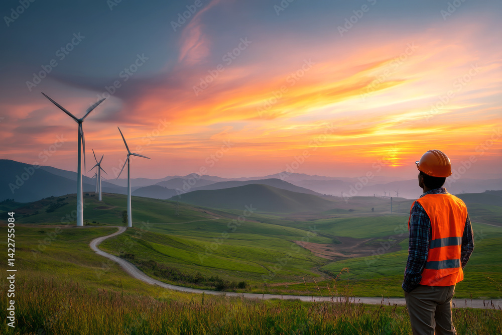 worker in safety gear inspects wind turbine under clear blue sky. worker in safety gear inspects wind turbine under clear blue sky.
