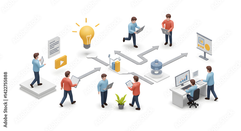 Isometric Illustration: Collaborative Teamwork Workflow & Innovation Process Isometric Illustration: Collaborative Teamwork Workflow & Innovation Process