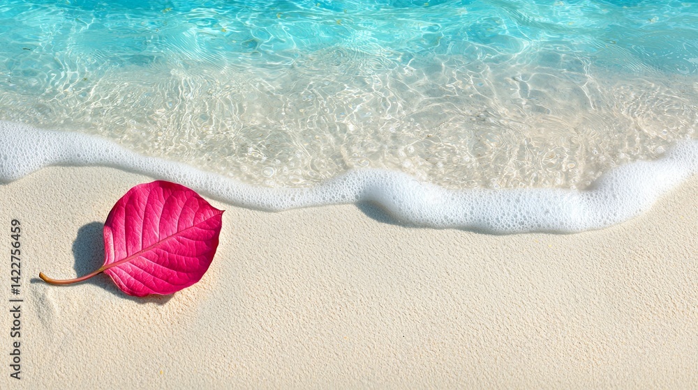 Obraz premium Colorful Leaf on Sandy Beach with Gentle Ocean Waves