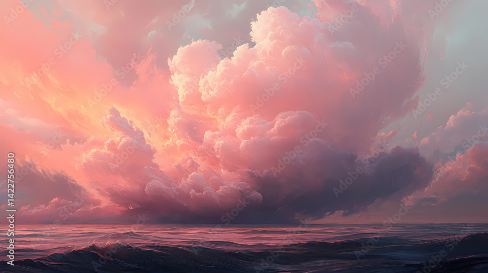 Naklejka premium A dense and richly detailed pink cloud hovers and swells across a clear horizon, embodying the artistic portrayal of natural elegance and ethereal charm. Thought Swell. Illustration