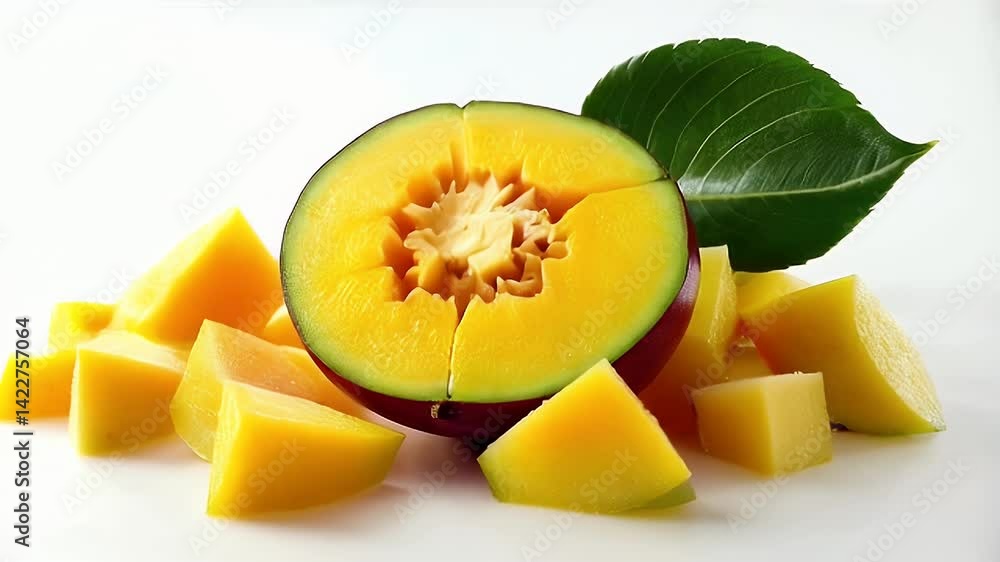 Ripe Yellow Melon Half Cut Surrounded by Chunks with Vibrant Green Leaf on White Surface with Freshness Still Life Style Ripe Yellow Melon Half Cut Surrounded by Chunks with Vibrant Green Leaf on White Surface with Freshness Still Life Style