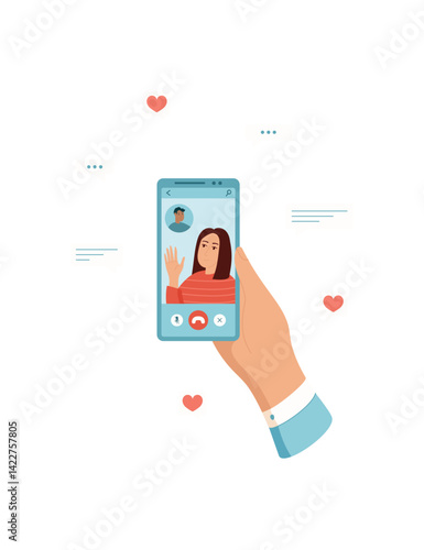 Hand holds a smartphone displaying video chat interface. User engages in real communication using mobile technology. Person interacts with the touchscreen, showcasing social connection, flat design